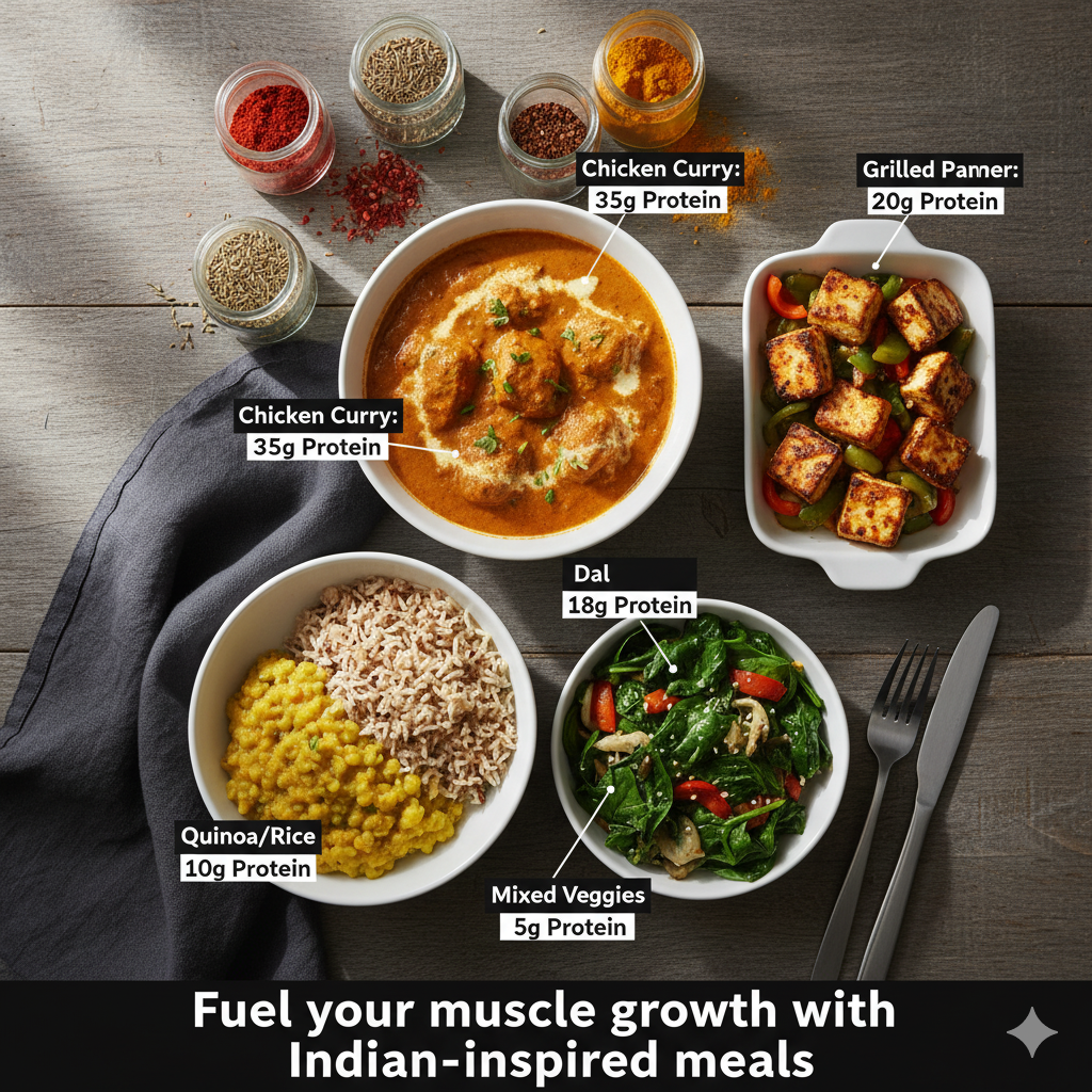Assorted Indian-inspired meals with protein labels on a wooden surfaceIndian muscle building course, muscle building program India, high protein Indian diet for muscle gain, Indian workout course, natural muscle gain India	.vegetarian muscle building India, Indian gym workout plan, Indian meal plan for muscle gain, build muscle without supplements, affordable fitness course India