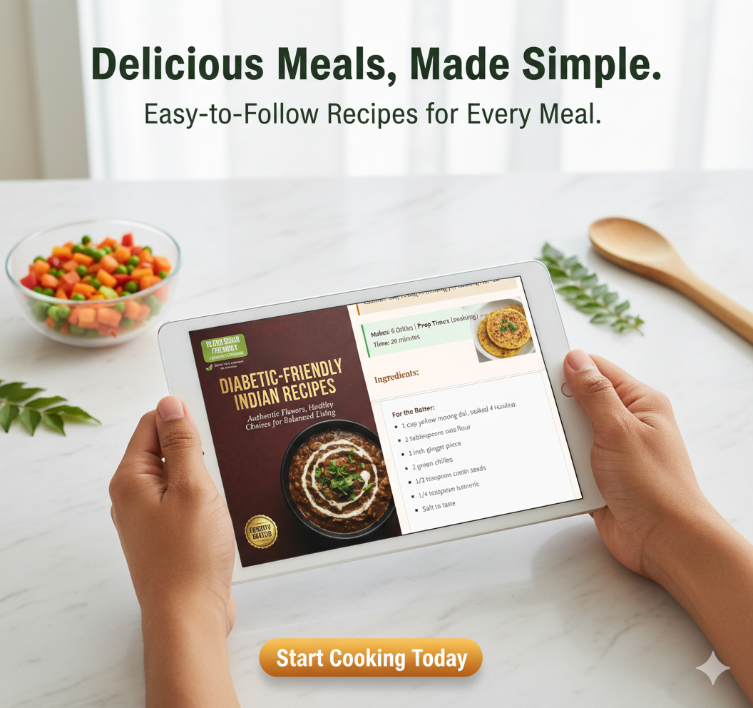 Person holding a tablet with a cooking app on a kitchen counter, featuring text about easy-to-follow recipes.Muscle gain

Fat loss

Indian food

Protein supplements

Vegetarian high-proteiN

diabetic friendly