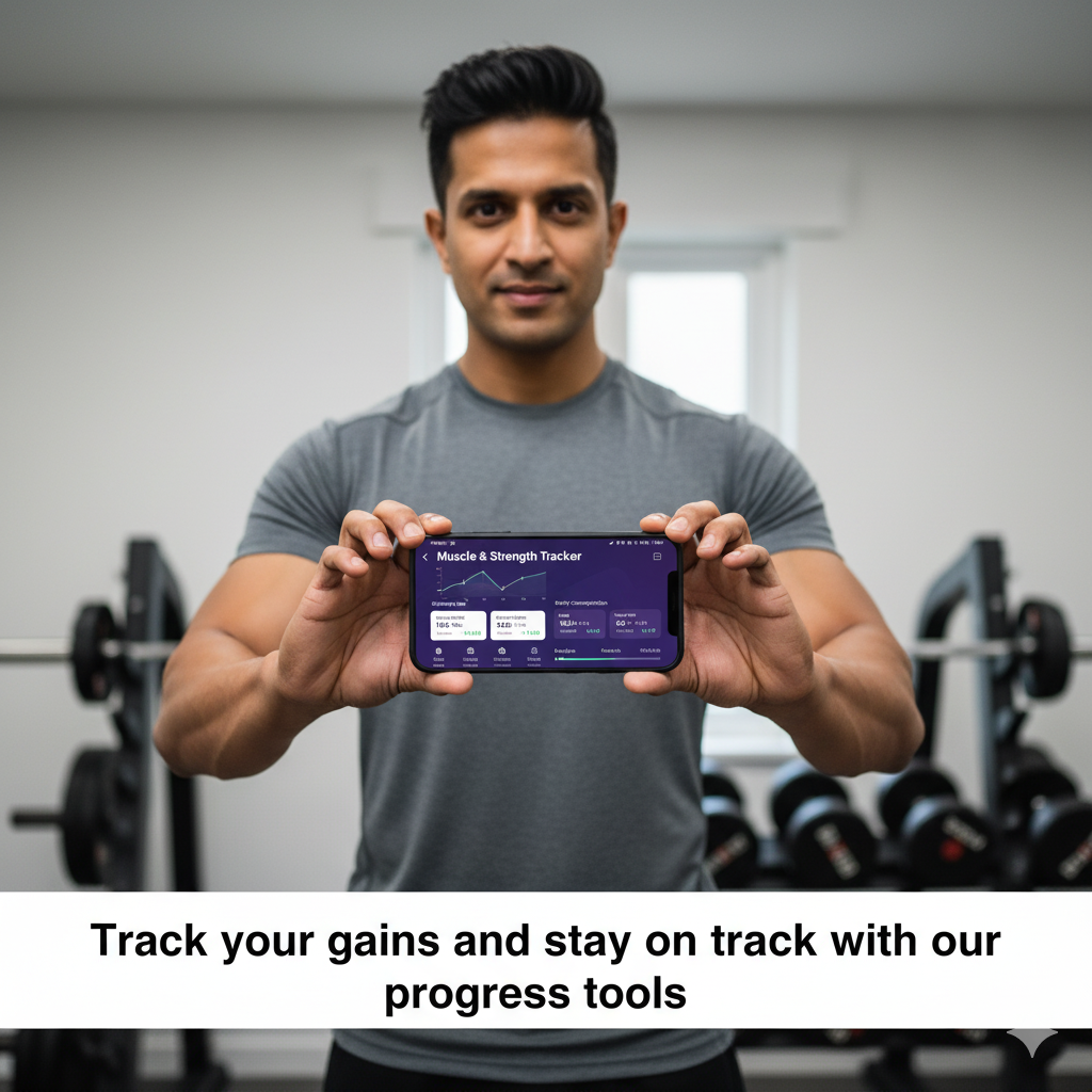 Man holding a smartphone with a fitness app in a gym setting,Indian muscle building course, muscle building program India, high protein Indian diet for muscle gain, Indian workout course, natural muscle gain India	.vegetarian muscle building India, Indian gym workout plan, Indian meal plan for muscle gain, build muscle without supplements, affordable fitness course India