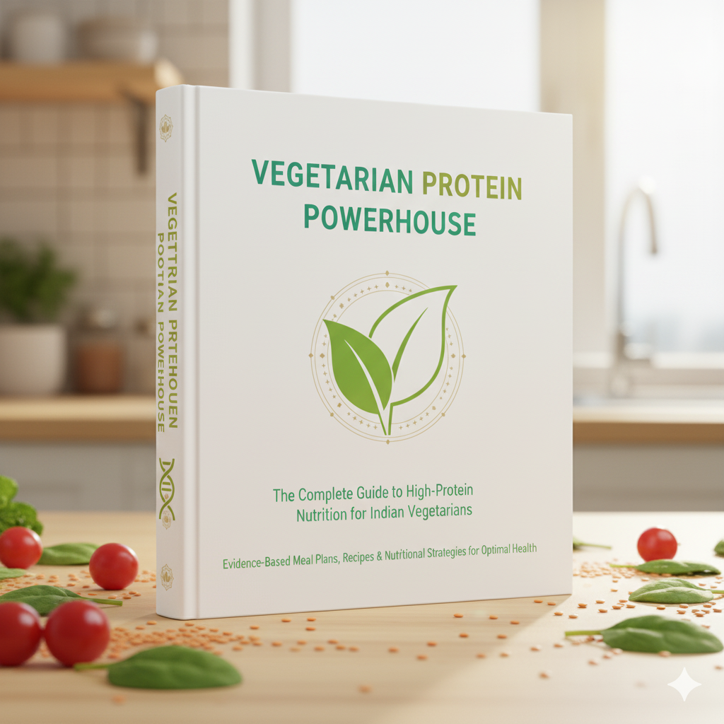 Book titled 'Vegetarian Protein Powerhouse' on a kitchen counter with vegetables.high protein Indian vegetarian recipes, vegetarian protein guide India, protein rich Indian vegetarian meals, vegetarian bodybuilding diet IndiaIndian vegetarian meal plan for muscle gain, vegetarian protein foods India, high protein vegetarian cookbook India, Indian vegetarian nutrition guide.high protein Indian vegetarian recipes, vegetarian protein guide India, protein rich Indian vegetarian meals, vegetarian bodybuilding 