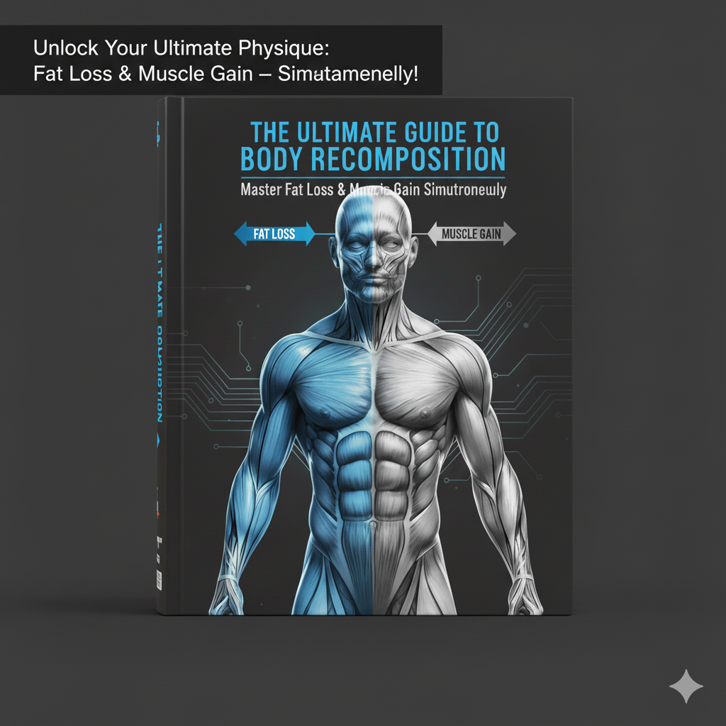 Book cover titled 'The Ultimate Guide to Body Recomposition' with a split-body illustration on a dark background.body recomposition guide India, fat loss and muscle gain course, Indian fitness guide, recomposition program, Indian diet for muscle gain and fat lossSecondary Keywords	how to lose fat and build muscle at the same time, body recomposition plan PDF, fitness course India, muscle gain diet Indian, fat loss transformation India,