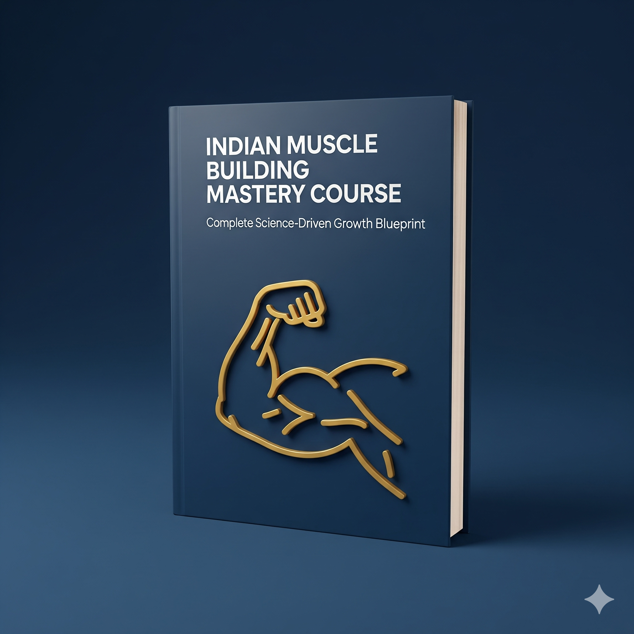 Book titled 'Indian Muscle Building Mastery Course' on a dark blue background,Indian muscle building course, muscle building program India, high protein Indian diet for muscle gain, Indian workout course, natural muscle gain India	.vegetarian muscle building India, Indian gym workout plan, Indian meal plan for muscle gain, build muscle without supplements, affordable fitness course India