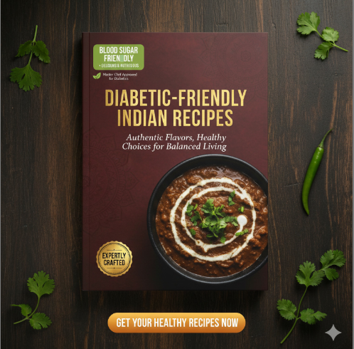 Book titled 'Diabetic-Friendly Indian Recipes' on a wooden background with spices and herbs.Protein-rich recipes

Muscle gain

Fat loss

Indian food

Protein supplements

Vegetarian high-proteiN

diabetic friendly