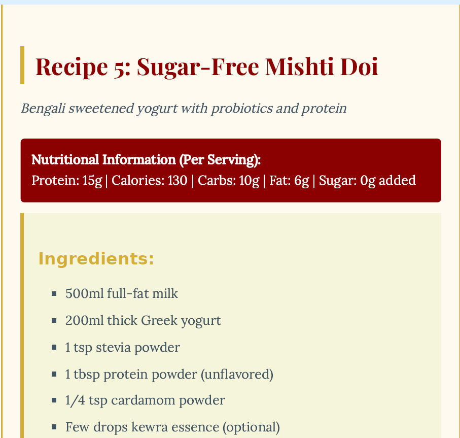 Recipe card for Sugar-Free Mishti Doi with nutritional information and ingredients listed.zero sugar Indian desserts, high protein Indian desserts, sugar-free Indian sweets, healthy Indian desserts, guilt-free desserts India