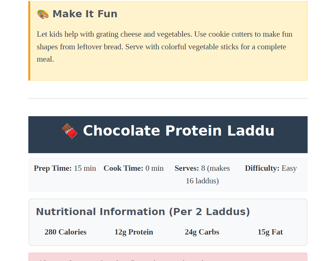 Chocolate Protein Laddu recipe card with preparation details and nutritional information.high protein.High-protein Indian recipes

Protein-rich recipes

Muscle gain

Fat loss

Indian food

Protein supplements

Vegetarian high-protei