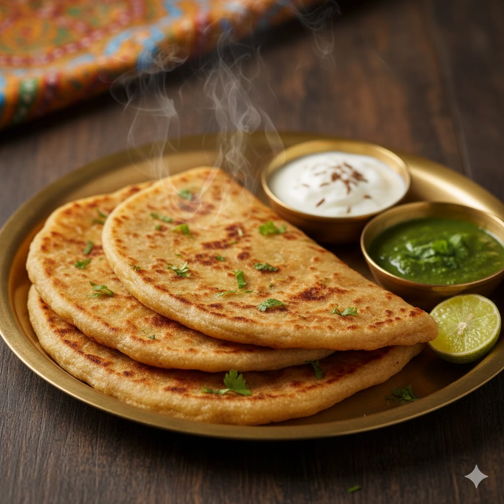 Steaming high protein parathas on a gold plate with chutneys and a lime wedge.High-protein Indian recipes

Protein-rich recipes

Muscle gain

Fat loss

Indian food

Protein supplements

Vegetarian high-protei