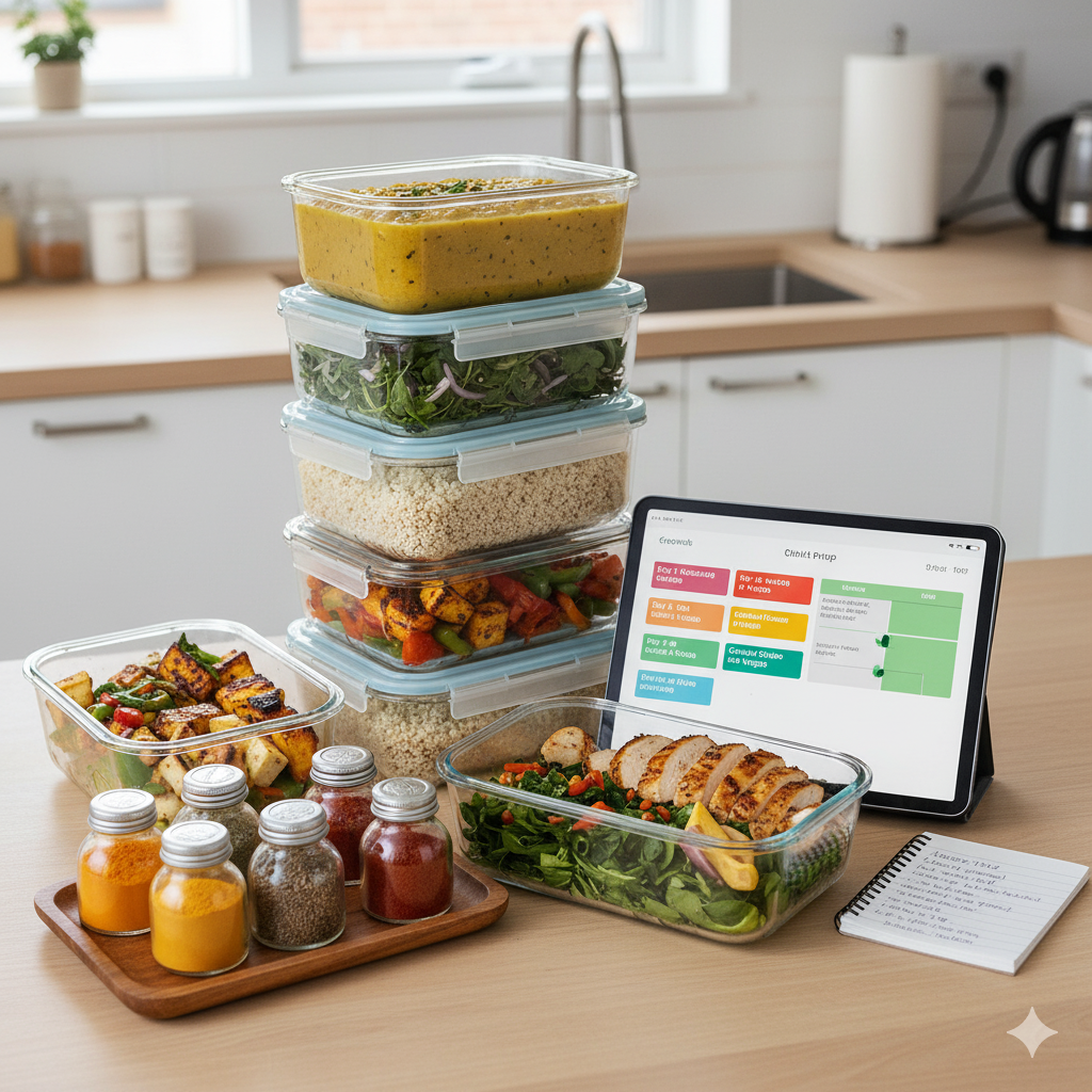 Prepared meals in containers on a kitchen counter with a tablet displaying a meal planning app.High-protein Indian recipes

Protein-rich recipes

Muscle gain

Fat loss

Indian food

Protein supplements

Vegetarian high-protei