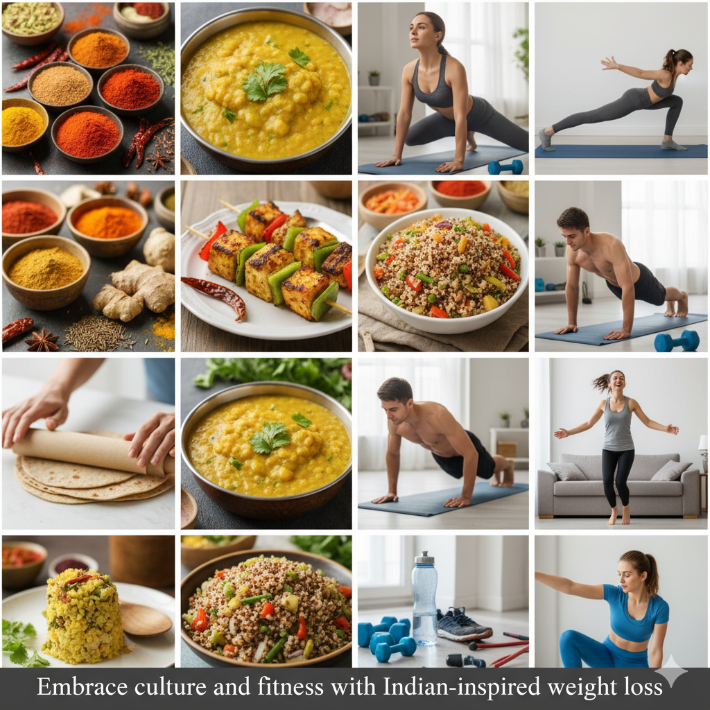 Collage of Indian food, fitness activities, and lifestyle scenes with text overlay.Indian weight loss course, Indian fat loss program, Indian diet plan for weight loss, online weight loss course India, lose weight with Indian food,	weight loss course for Indians, fat loss course online India, Indian diet for fat loss, Indian calorie deficit plan, Indian home workout program