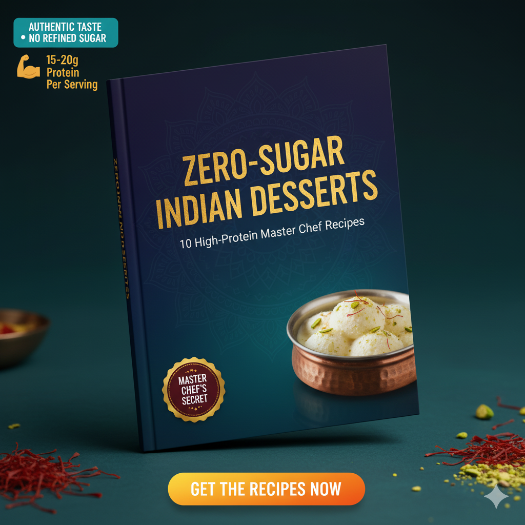 Book titled 'Zero-Sugar Indian Desserts' with a bowl of dessert on a dark background.zero sugar Indian desserts, high protein Indian desserts, sugar-free Indian sweets, healthy Indian desserts, guilt-free desserts India