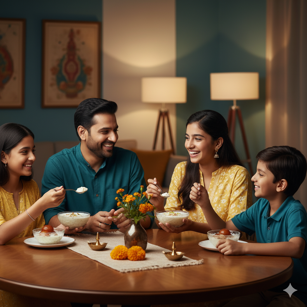 Family of four enjoying a meal together at a dining table.zero sugar Indian desserts, high protein Indian desserts, sugar-free Indian sweets, healthy Indian desserts, guilt-free desserts India